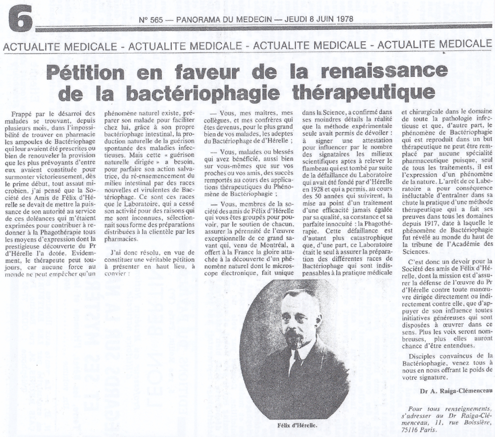 Raïga Clémenceau - Pétition en faveur de la renaissance de la bactériophagie thérapeutique